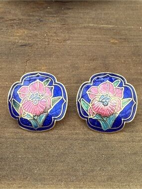 Vintage Blue and Pink Floral Cloisonné Earrings